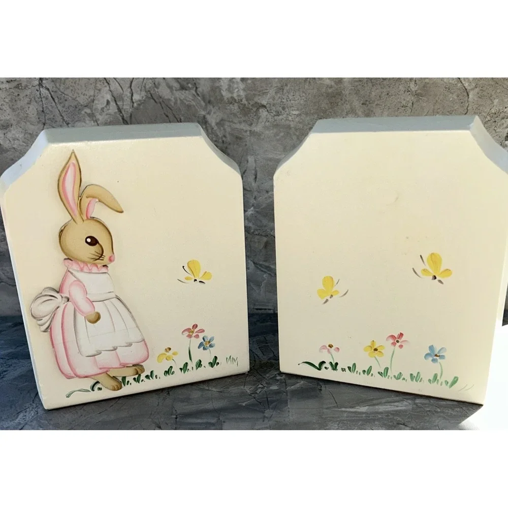 Vtg Bookends Nursery Bunny Rabbit Baby Wood Hand Painted Margaret Middleton 6525